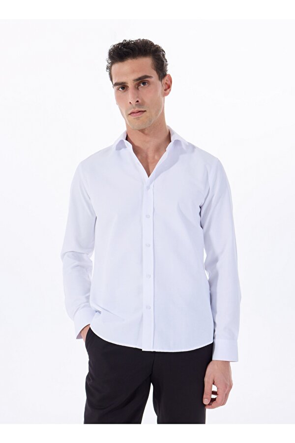 Slim Fit Gömlek Yaka Armürlü Beyaz Erkek Gömlek MAYDOS 500
