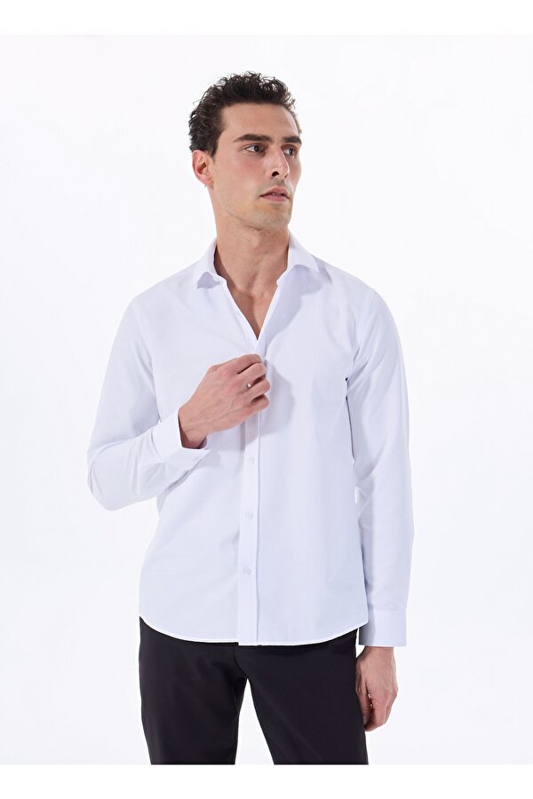 Slim Fit Gömlek Yaka Armürlü Beyaz Erkek Gömlek MAYDOS 500