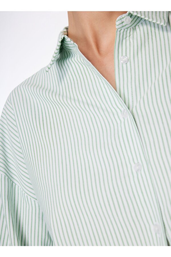 Yeşil - Beyaz Kadın Geniş Fit Gömlek RONKA-1