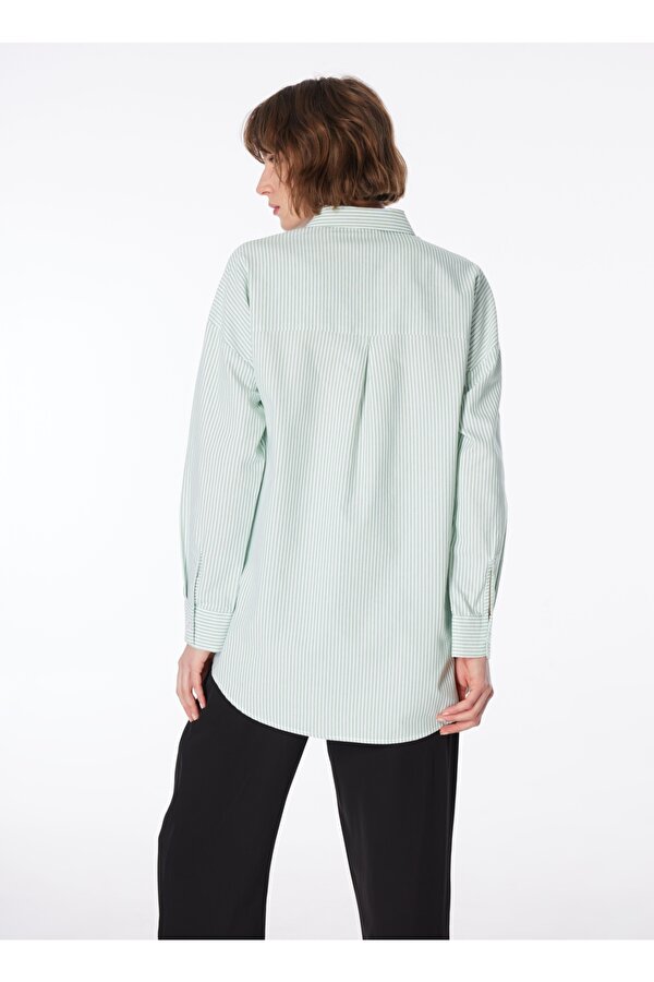Yeşil - Beyaz Kadın Geniş Fit Gömlek RONKA-1