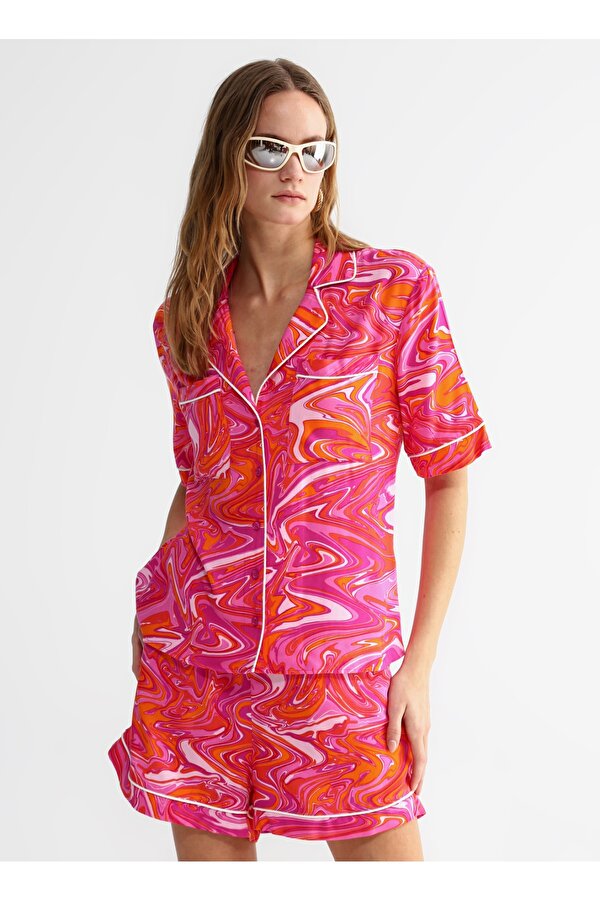 Basic Apaş Yaka Desenli Pembe - Çok Renkli Kadın Gömlek LILA