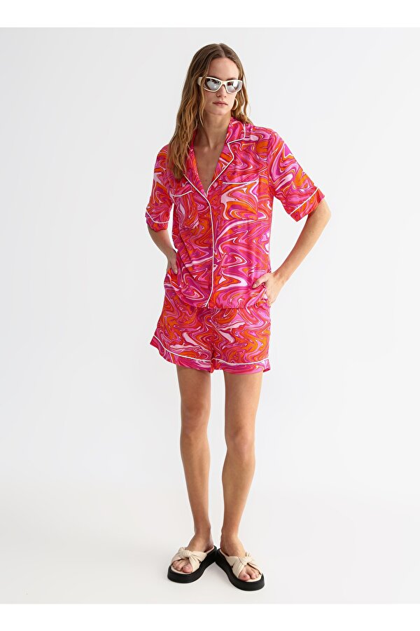 Basic Apaş Yaka Desenli Pembe - Çok Renkli Kadın Gömlek LILA