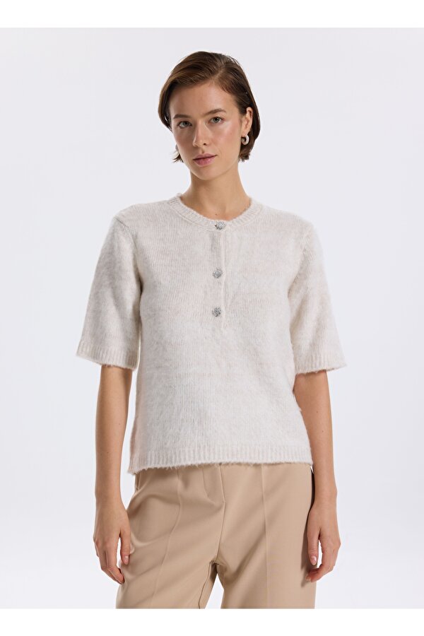 Bisiklet Yaka Relaxed Düz Ekru Kazak Kadın F5WL-KZK0147