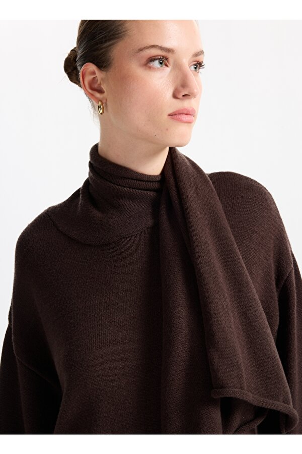 Şal Yaka Relaxed Düz Kahve Kazak Kadın F5WL-KZK0084