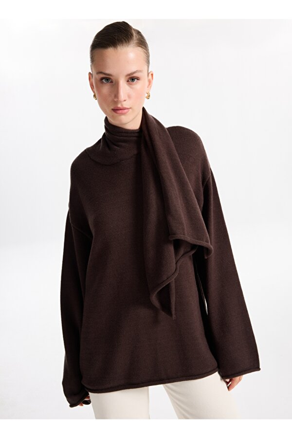 Şal Yaka Relaxed Düz Kahve Kazak Kadın F5WL-KZK0084