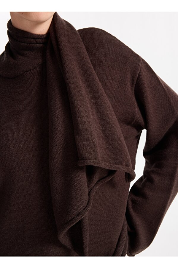 Şal Yaka Relaxed Düz Kahve Kazak Kadın F5WL-KZK0084