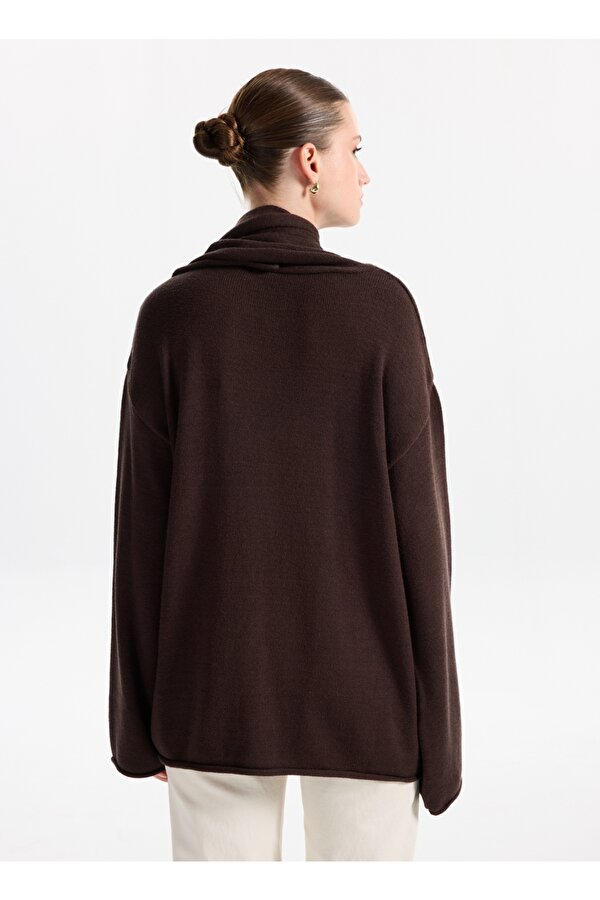 Şal Yaka Relaxed Düz Kahve Kazak Kadın F5WL-KZK0084