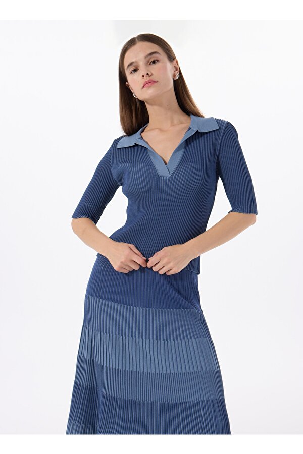 Polo Yaka Dar Piliseli Mavi Kazak Kadın F5SL-KZK0248-K