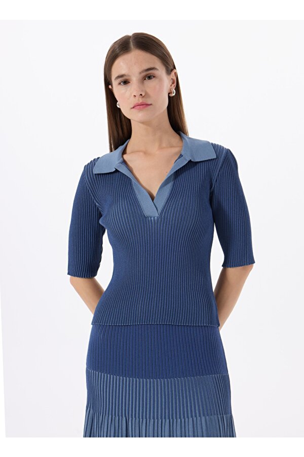 Polo Yaka Dar Piliseli Mavi Kazak Kadın F5SL-KZK0248-K