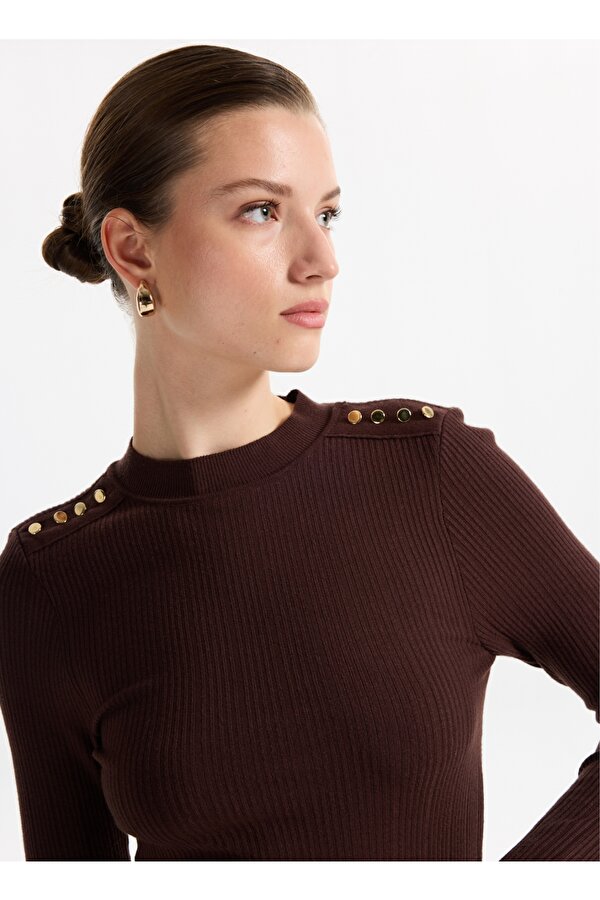 Yarım Balıkçı Yaka Basic Fitilli Kahve Kazak Kadın F4WL-KZK0348