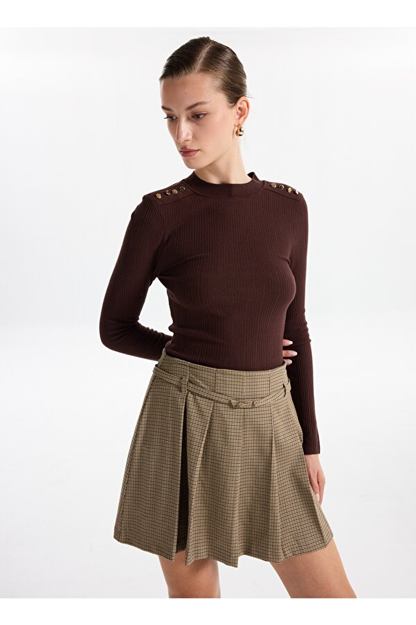 Yarım Balıkçı Yaka Basic Fitilli Kahve Kazak Kadın F4WL-KZK0348