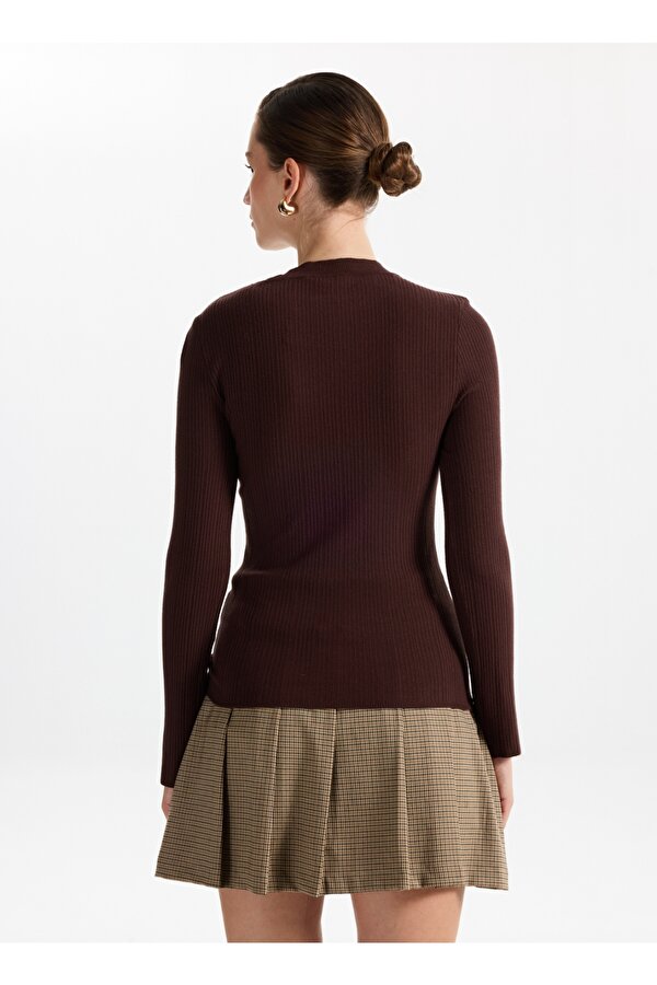 Yarım Balıkçı Yaka Basic Fitilli Kahve Kazak Kadın F4WL-KZK0348