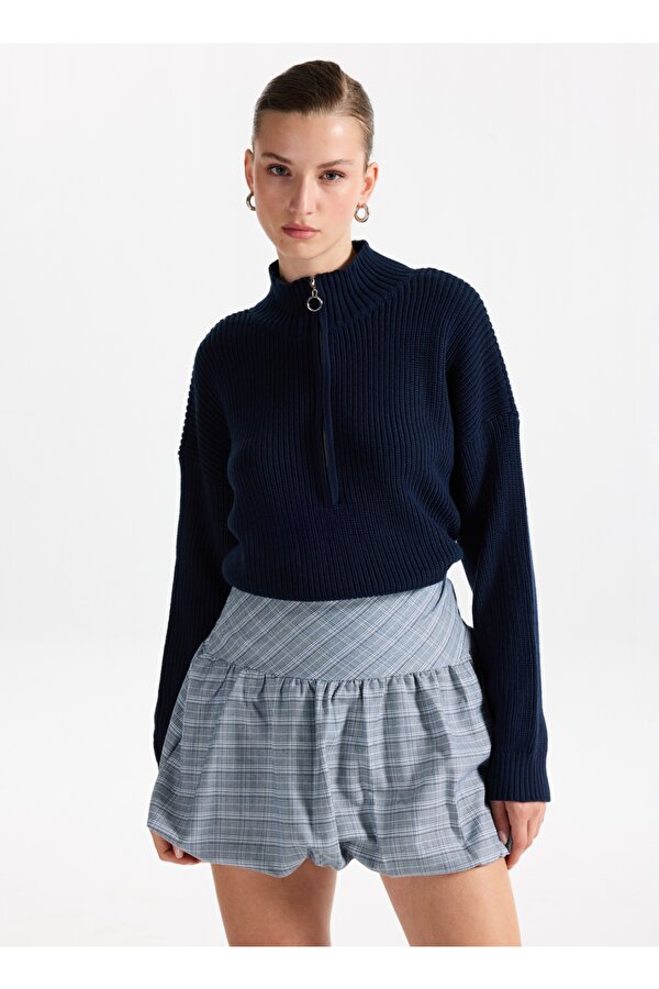 Lacivert Kadın Fermuarlı Geniş Fit Düz Kazak KATTEN