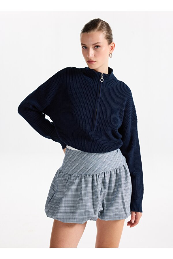 Lacivert Kadın Fermuarlı Geniş Fit Düz Kazak KATTEN