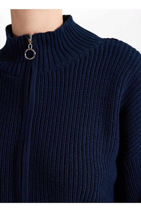 Lacivert Kadın Fermuarlı Geniş Fit Düz Kazak KATTEN