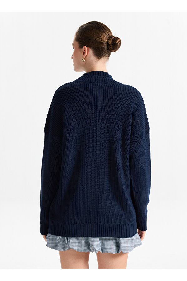 Lacivert Kadın Fermuarlı Geniş Fit Düz Kazak KATTEN