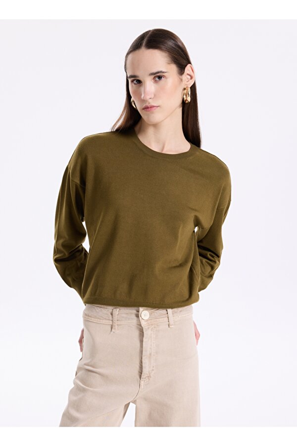 Haki Düz Kadın Bisiklet Yaka Kazak CANO