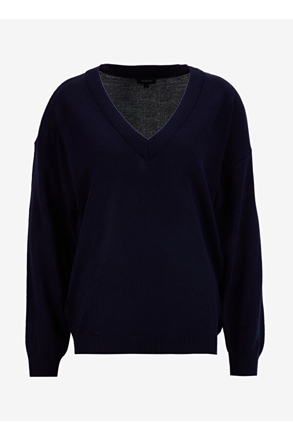 V Yaka Geniş Fit Düz Lacivert Kazak Kadın POOLL