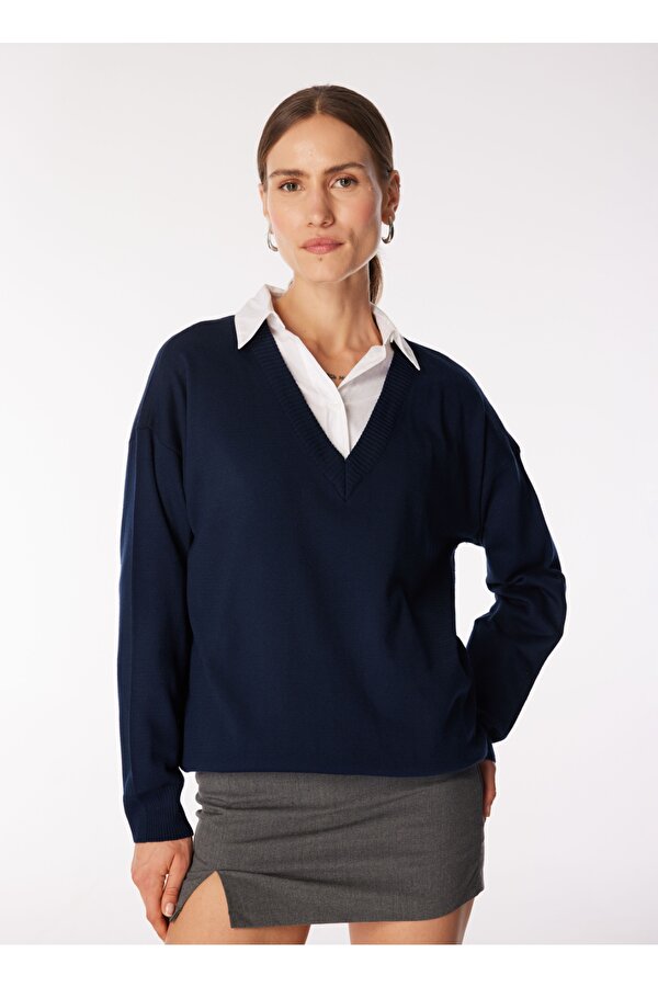 V Yaka Geniş Fit Düz Lacivert Kazak Kadın POOLL