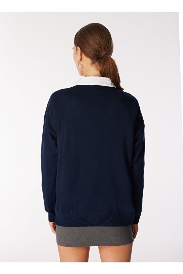 V Yaka Geniş Fit Düz Lacivert Kazak Kadın POOLL