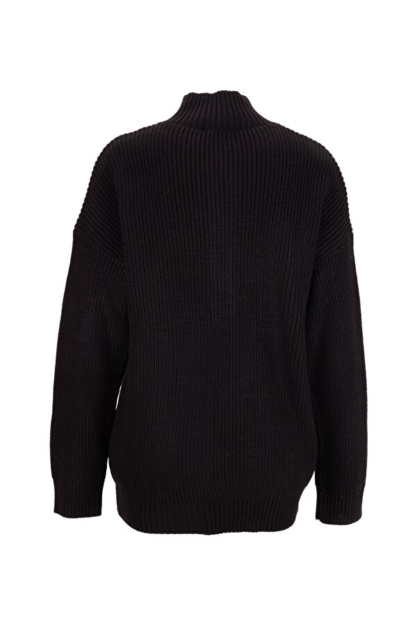 Siyah Kadın Fermuarlı Geniş Fit Düz Kazak KATTEN