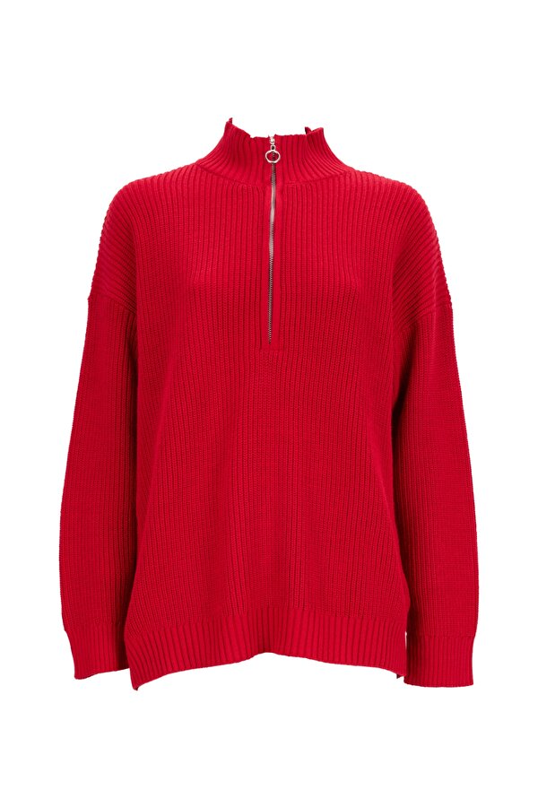 Fermuarlı Yaka Geniş Fit Düz Kırmızı Kazak Kadın KATTEN