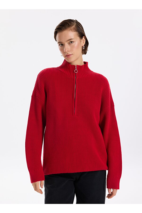 Fermuarlı Yaka Geniş Fit Düz Kırmızı Kazak Kadın KATTEN