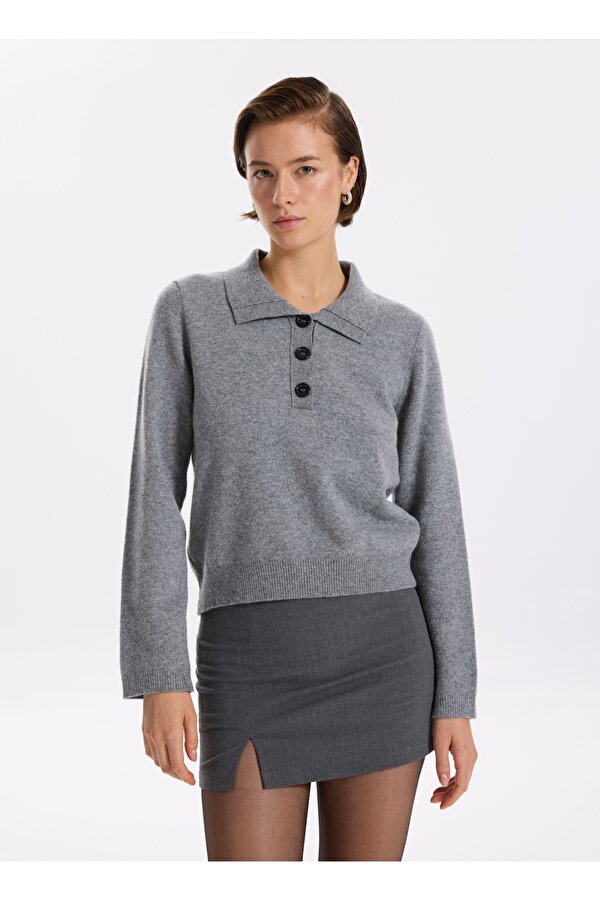 Polo Yaka Dar Düz Gri Melanj Kazak Kadın F5WL-KZK0023