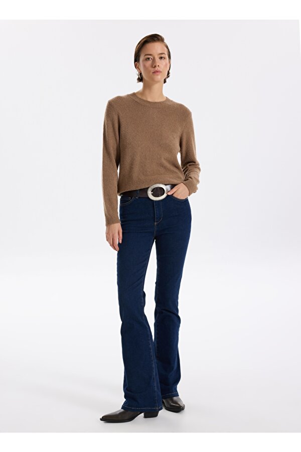 Bisiklet Yaka Relaxed Düz Açık Kahve Kazak Kadın F5WL-KZK0421