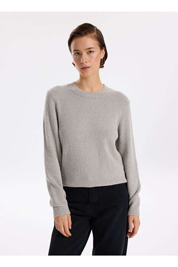 Bisiklet Yaka Relaxed Düz Gri Kazak Kadın F5WL-KZK0421