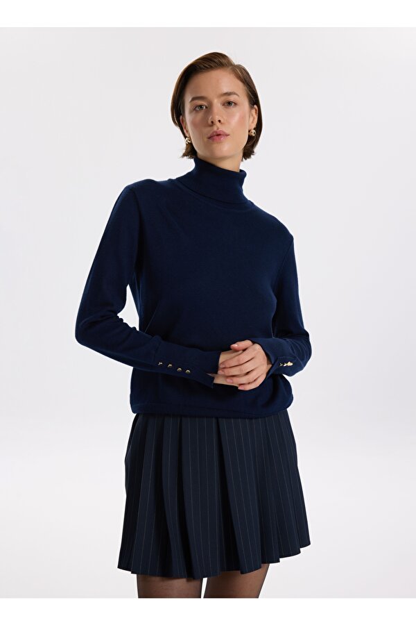 Balıkçı Yaka Basic Düz Lacivert Kazak Kadın REZZA