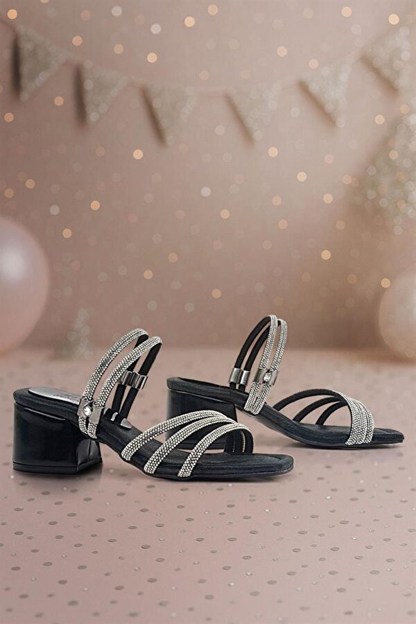 Judy Siyah Taşlı Kız Çocuk Topuklu Terlik Ayakkabı