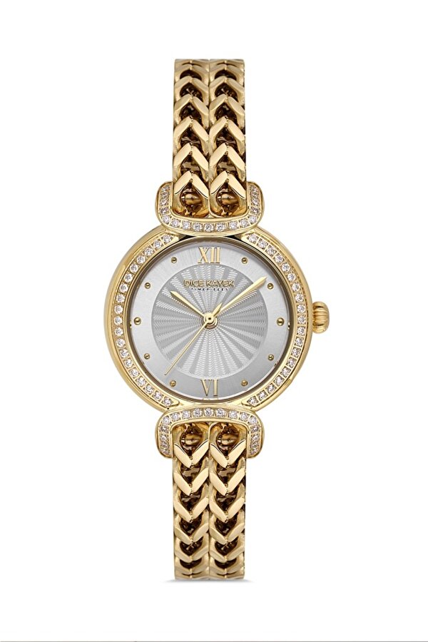 DK.1.AG1411.04 Taşlı Tasarım Çelik Kordon Çelik Kasa 5 ATM Suya Dayanıklı Altın Renk Kadın Kol Saati