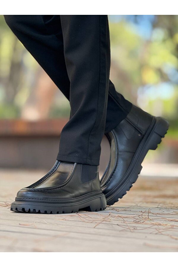 Fermuarlı Erkek Düz Bot Siyah Cilt