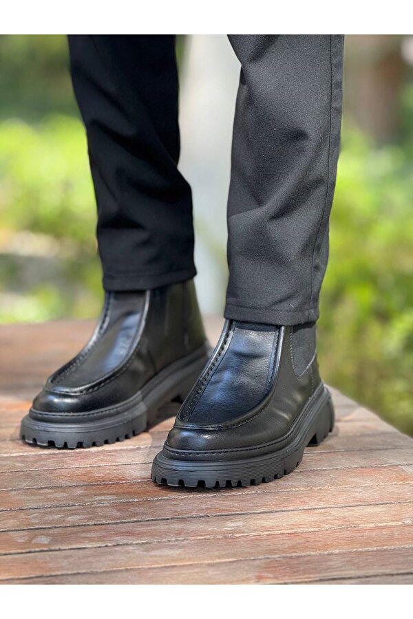 Fermuarlı Erkek Düz Bot Siyah Cilt