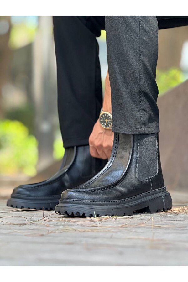 Fermuarlı Erkek Düz Bot Siyah Cilt