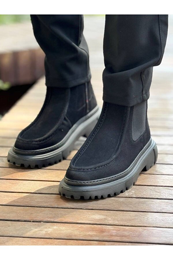 Fermuarlı Erkek Düz Bot Siyah Süet