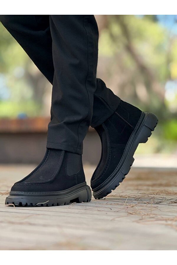 Fermuarlı Erkek Düz Bot Siyah Süet