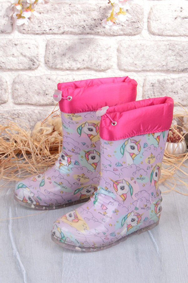 7061 Pembe Uniko Figürlü İçi Peluşlu Su Geçirmez Kız Çocuk Kar Yağmur Çizmesi