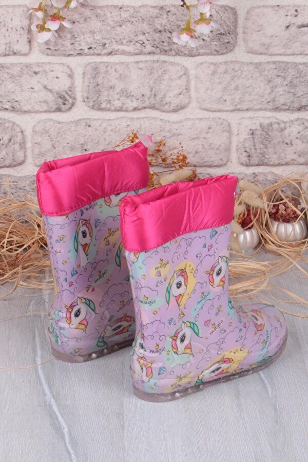 7061 Pembe Uniko Figürlü İçi Peluşlu Su Geçirmez Kız Çocuk Kar Yağmur Çizmesi