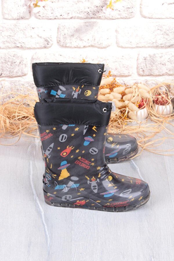 7061 Siyah Füze İçi Peluşlu Su Geçirmez Erkek Çocuk Kar Yağmur Çizmesi