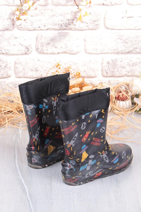 7061 Siyah Füze İçi Peluşlu Su Geçirmez Erkek Çocuk Kar Yağmur Çizmesi