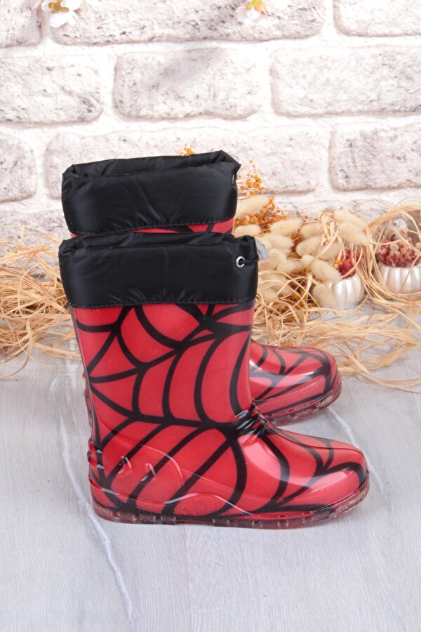 7061 Kırmızı Desenli İçi Peluşlu Su Geçirmez Erkek Çocuk Kar Yağmur Çizmesi