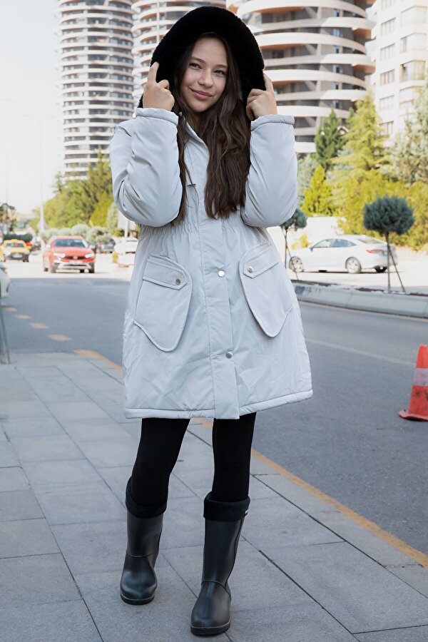 Gri Cep Detaylı İçi Kürklü Çıkarılabilir Kapüşonlu Kız Çocuk Şişme Mont 21339