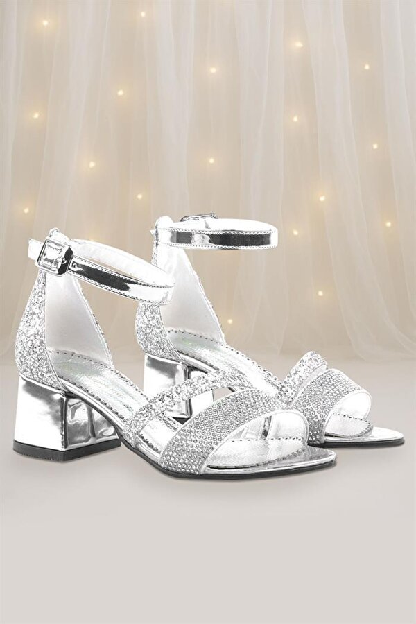 Anna Gümüş Simli Kalın Topuklu Bantlı Kız Çocuk Abiye Ayakkabı