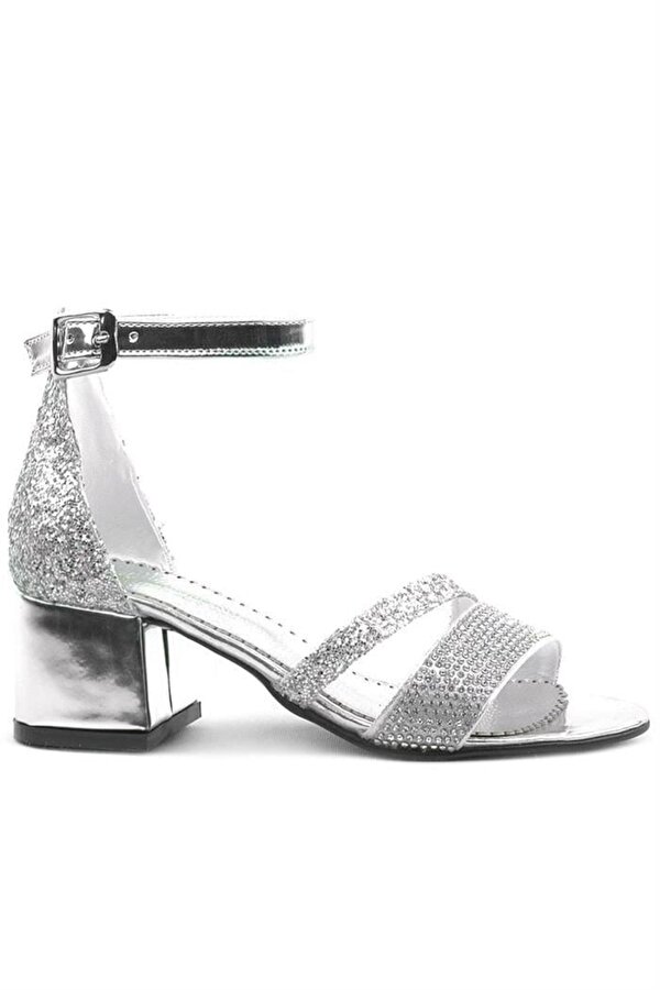 Anna Gümüş Simli Kalın Topuklu Bantlı Kız Çocuk Abiye Ayakkabı