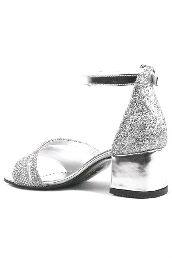 Anna Gümüş Simli Kalın Topuklu Bantlı Kız Çocuk Abiye Ayakkabı