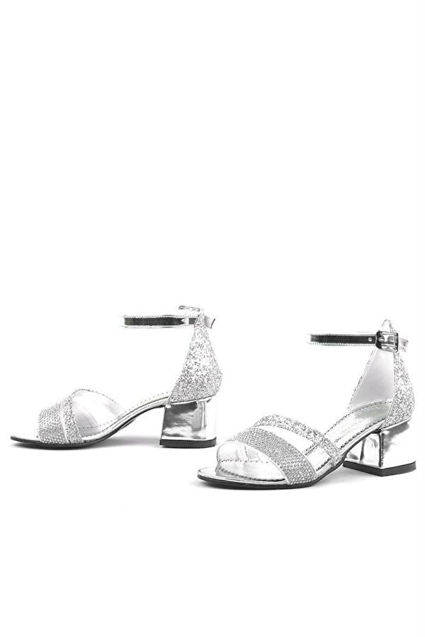 Anna Gümüş Simli Kalın Topuklu Bantlı Kız Çocuk Abiye Ayakkabı