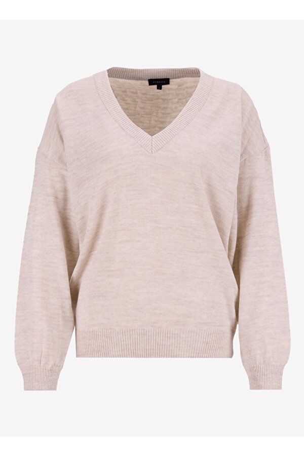 V Yaka Geniş Fit Düz Ekru Kazak Kadın POOLL