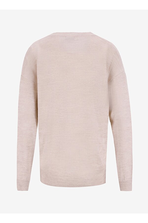 V Yaka Geniş Fit Düz Ekru Kazak Kadın POOLL